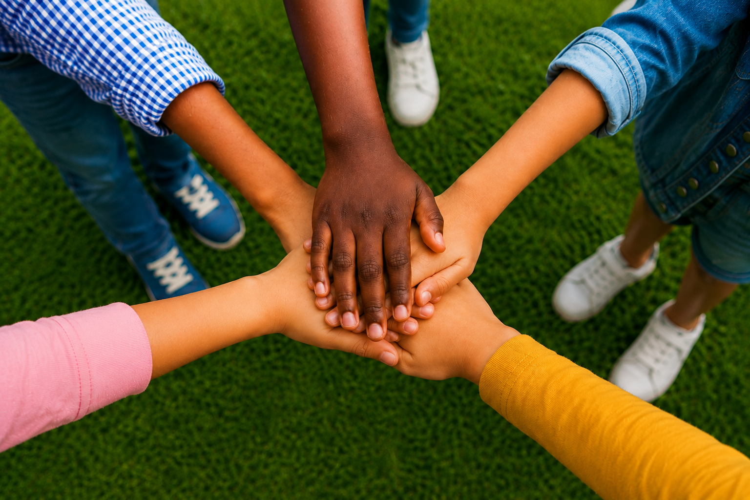 Five children's hands stacked together, 1 in 5 people think differently